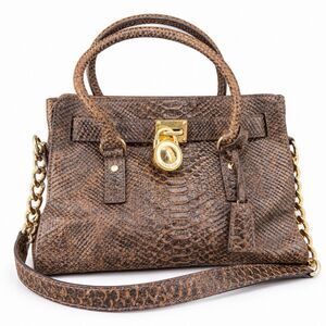 Michael Kors Hamilton Python Embossed Leather Satchel Brown Gold Lock Key Strap